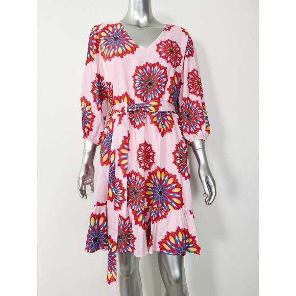 Gibsonlook Dresses & Skirts - GibsonLook Mandala Mini Dress Pink Multi V Neck Boho Ruffle Hem xs